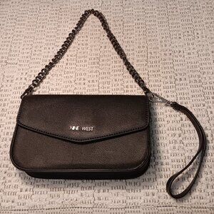 Nine West black faux leather wristlet & chain convertible straps handbag purse